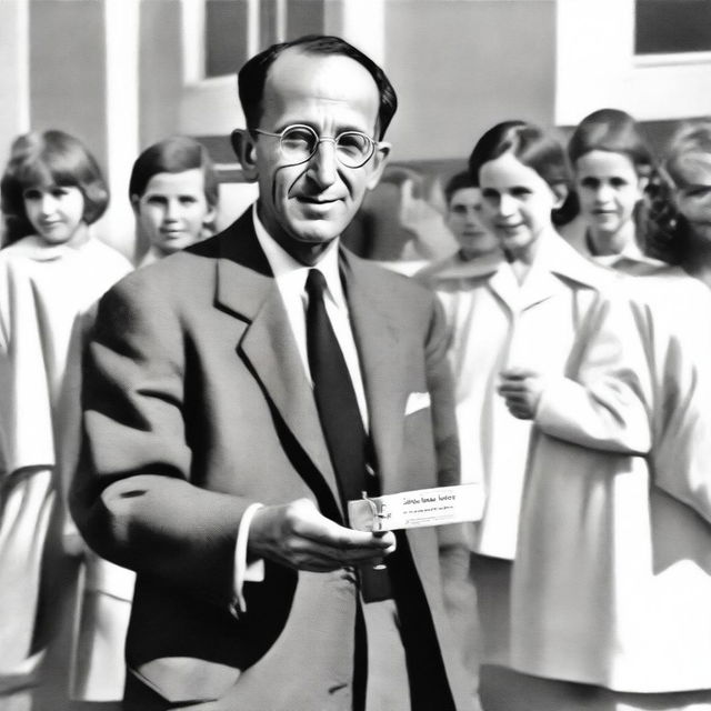 A detailed illustration of Jonas Salk, the American virologist, holding a vial of the polio vaccine