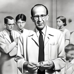 A detailed illustration of Jonas Salk, the American virologist, holding a vial of the polio vaccine