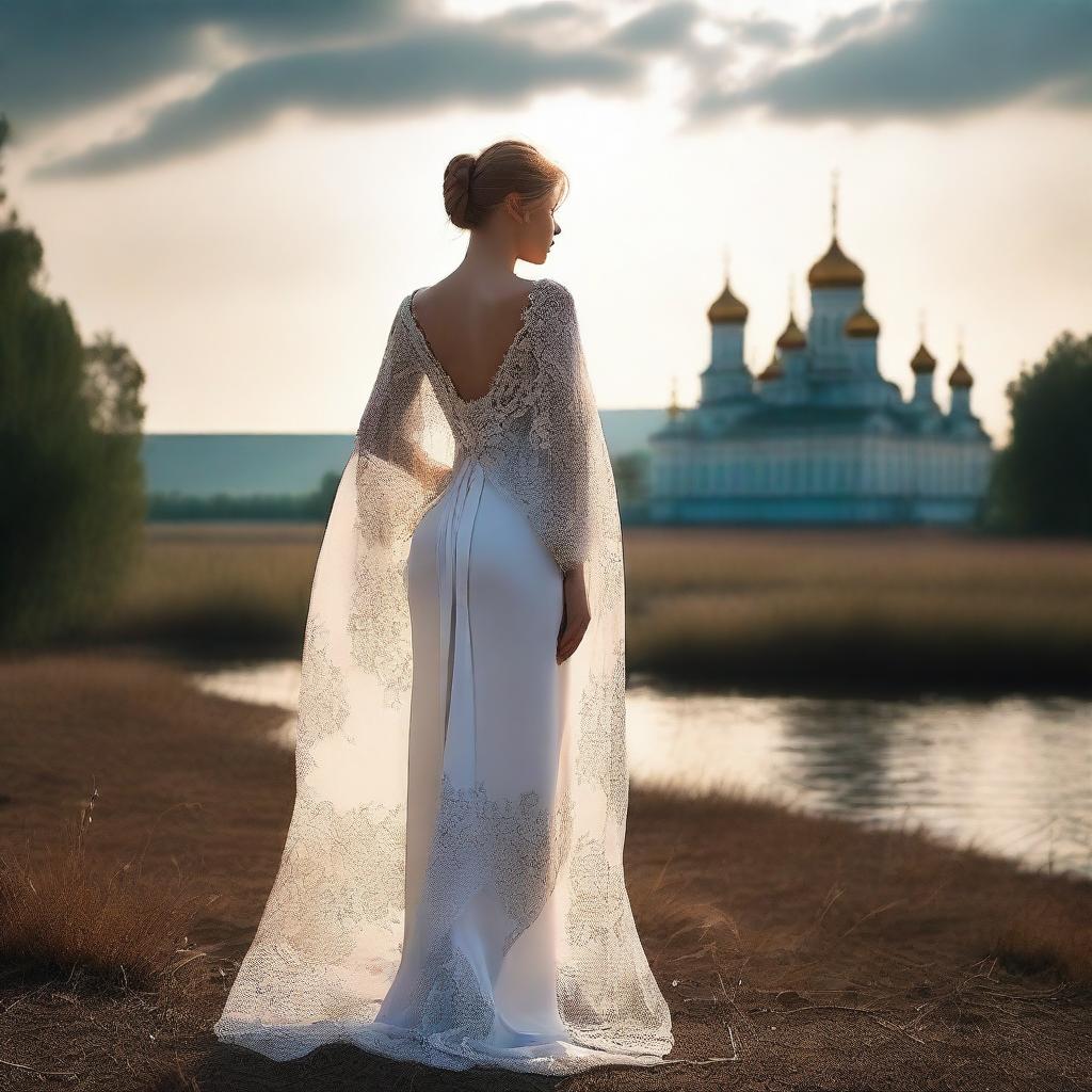 A Russian woman wearing a thin cloth that reveals her silhouette, emphasizing her figure