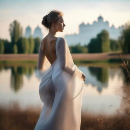 A Russian woman wearing a thin cloth that reveals her silhouette, emphasizing her figure