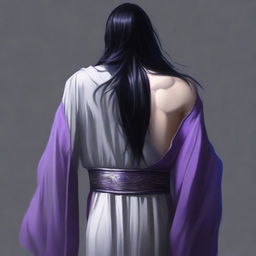 A grey-skinned man in a robe with long black hair standing with his back to the camera, watching over his shoulder towards the viewer