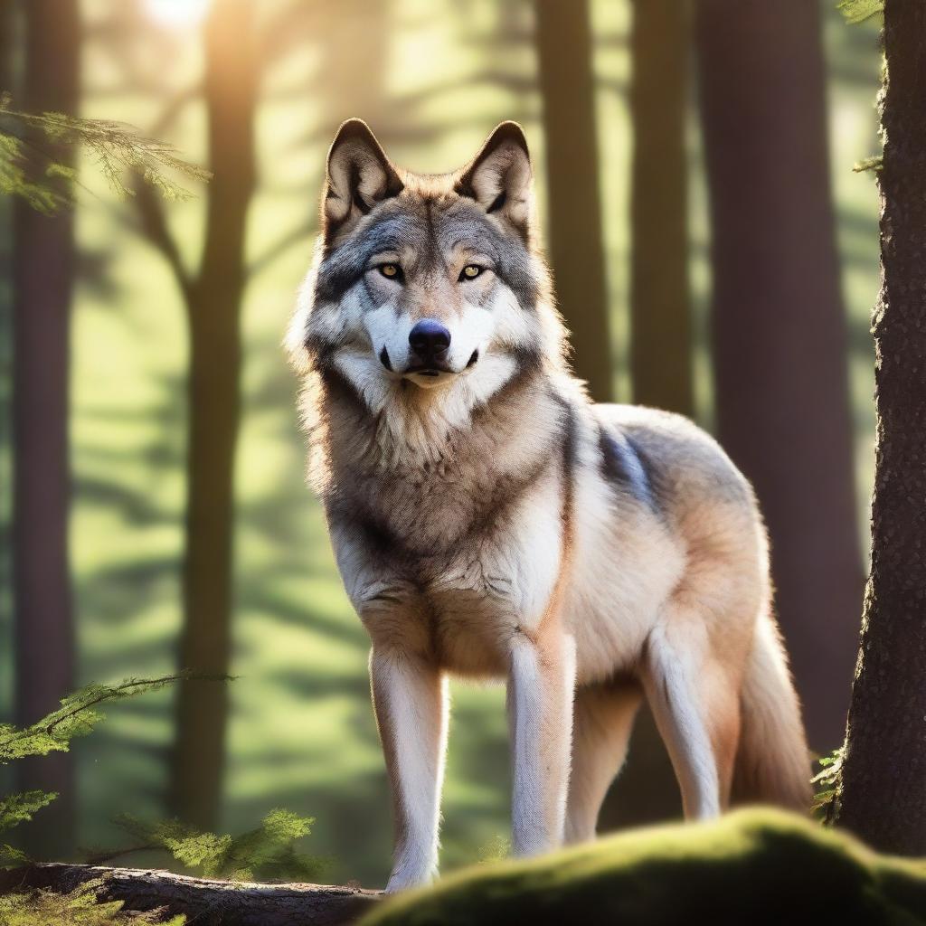 A majestic wolf standing in a dense forest, with sunlight filtering through the trees, highlighting its fur