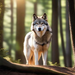 A majestic wolf standing in a dense forest, with sunlight filtering through the trees, highlighting its fur