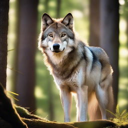 A majestic wolf standing in a dense forest, with sunlight filtering through the trees, highlighting its fur