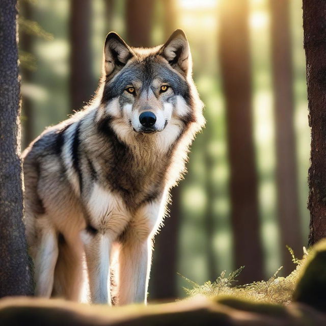 A majestic wolf standing in a dense forest, with sunlight filtering through the trees, highlighting its fur