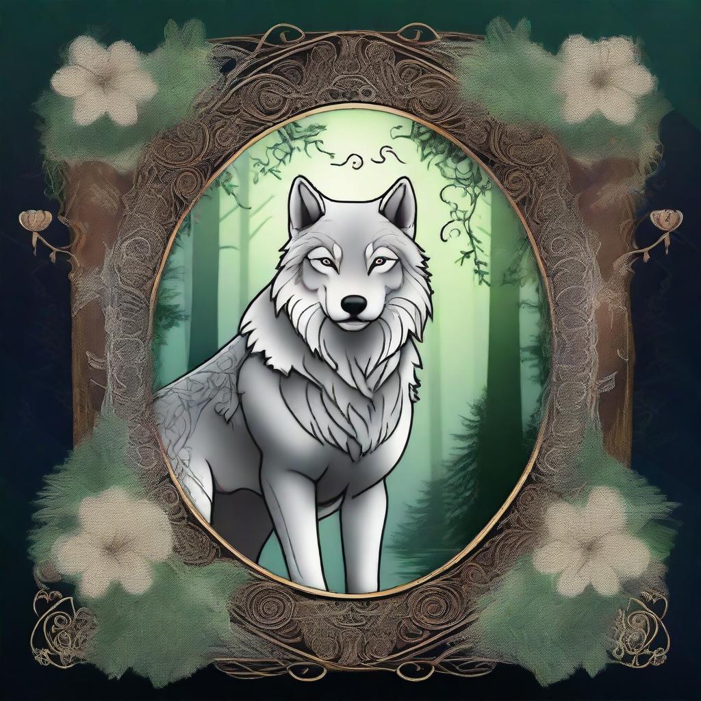 A beautifully intricate magical frame surrounding a majestic wolf