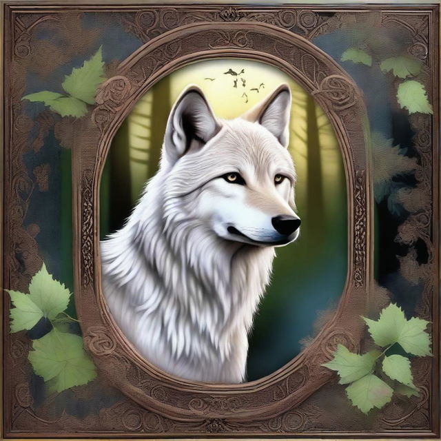 A beautifully intricate magical frame surrounding a majestic wolf