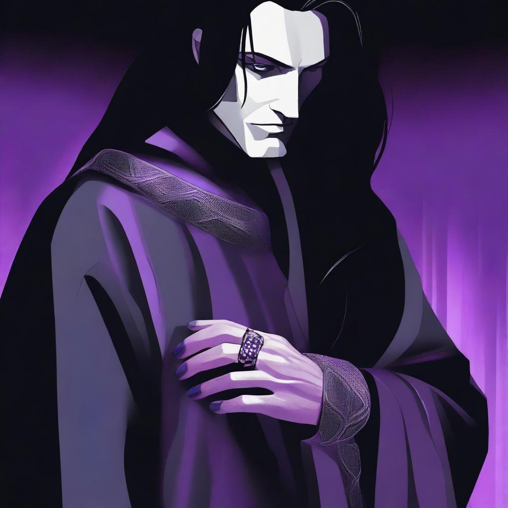 A grey-skinned man wearing a black robe with long black hair standing with his back to the camera, watching over his left shoulder to the viewer with purple irises