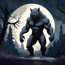 A detailed illustration of a fierce werewolf standing under a full moon in a dark, eerie forest