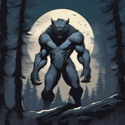 A detailed illustration of a fierce werewolf standing under a full moon in a dark, eerie forest