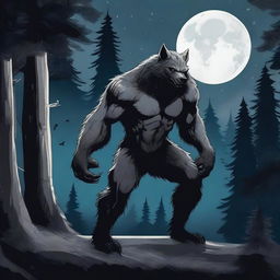 A detailed illustration of a fierce werewolf standing under a full moon in a dark, eerie forest