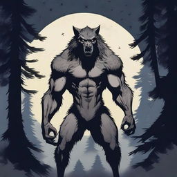 A detailed illustration of a fierce werewolf standing under a full moon in a dark, eerie forest