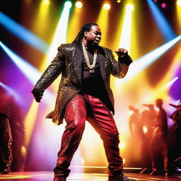 A dynamic and energetic portrayal of Busta Rhymes performing his hit song 'Dangerous' on stage