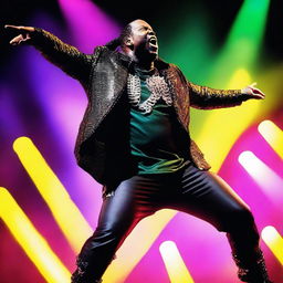 A dynamic and energetic portrayal of Busta Rhymes performing his hit song 'Dangerous' on stage