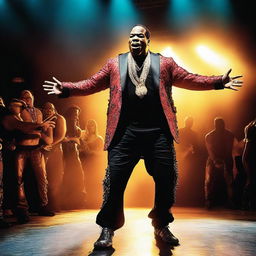 A dynamic and energetic portrayal of Busta Rhymes performing his hit song 'Dangerous' on stage