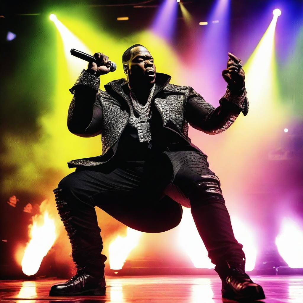 A dynamic and energetic portrayal of Busta Rhymes performing his hit song 'Dangerous' on stage