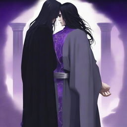 A young grey-skinned man wearing a black Greek robe with long black hair stands with his back to the camera, watching over his left shoulder at the viewer with purple irises