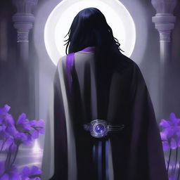 A young grey-skinned man wearing a black Greek robe with long black hair stands with his back to the camera, watching over his left shoulder at the viewer with purple irises