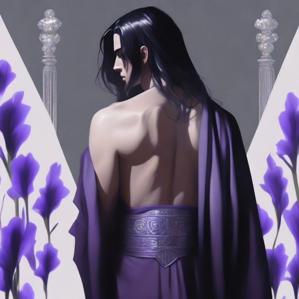 A young grey-skinned man wearing a black Greek robe with long black hair stands with his back to the camera, watching over his left shoulder at the viewer with purple irises