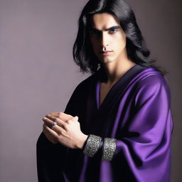 A young, grey-skinned man stands with his back to the camera, wearing a sleek black Greek-style robe