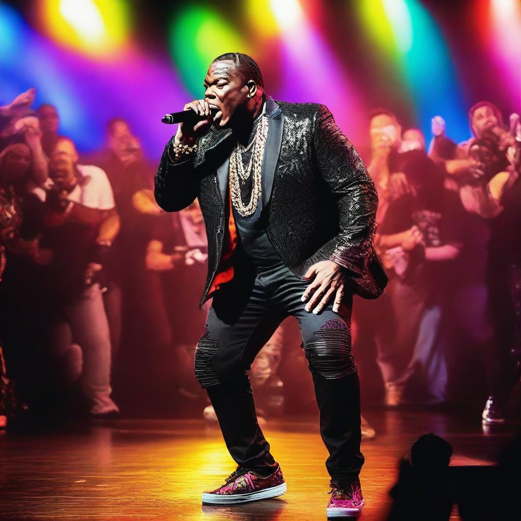 A vibrant and energetic scene featuring Busta Rhymes performing a remix of one of his hit songs