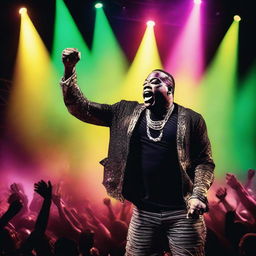 A vibrant and energetic scene featuring Busta Rhymes performing a remix of one of his hit songs