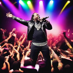 A vibrant and energetic scene featuring Busta Rhymes performing a remix of one of his hit songs