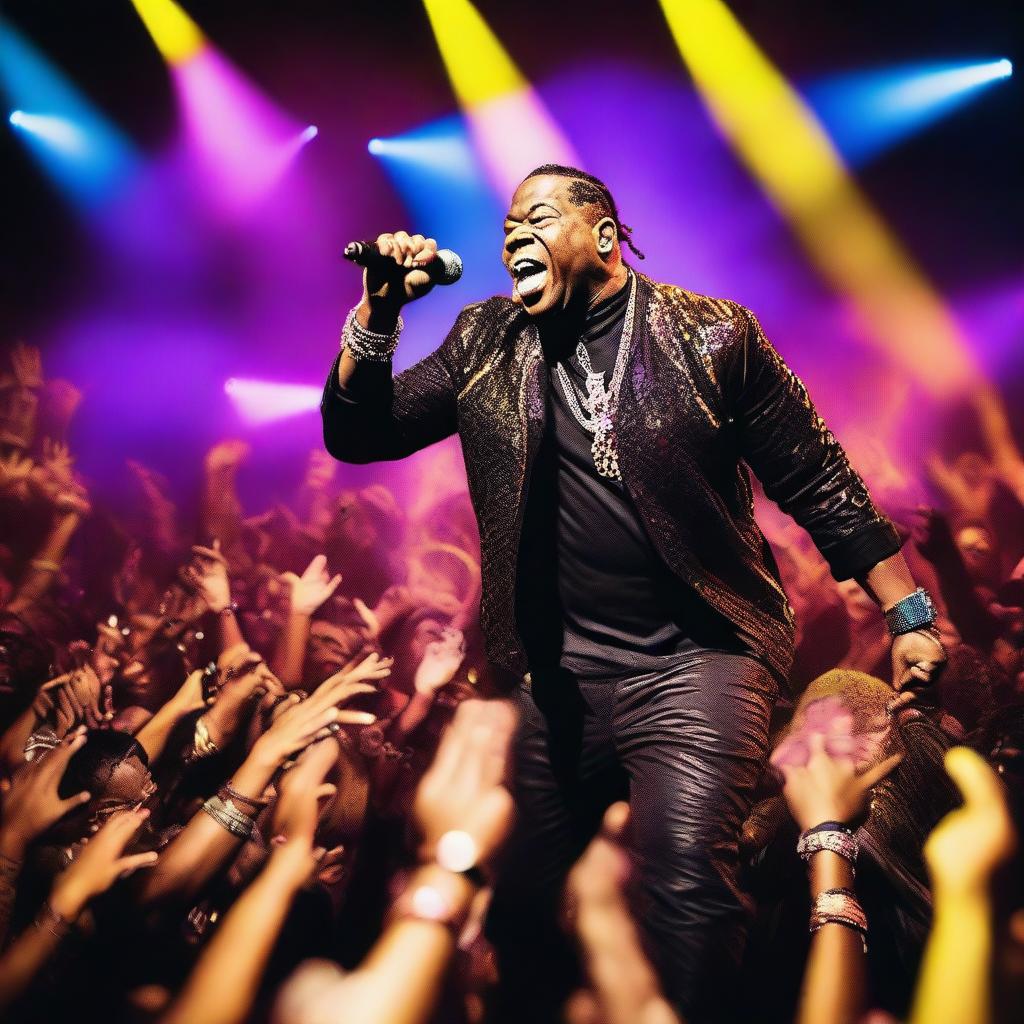 A vibrant and energetic scene featuring Busta Rhymes performing a remix of one of his hit songs