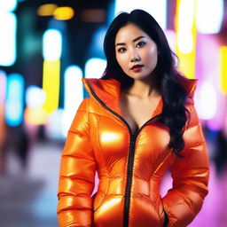 A stylish Asian woman wearing a tight, shiny orange puffer corset, posing confidently in a modern urban environment with vibrant neon lights