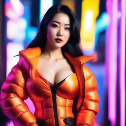 A stylish Asian woman wearing a tight, shiny orange puffer corset, posing confidently in a modern urban environment with vibrant neon lights