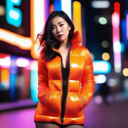 A stylish Asian woman wearing a tight, shiny orange puffer corset, posing confidently in a modern urban environment with vibrant neon lights