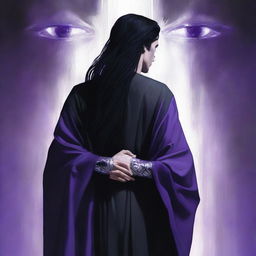 A young grey-skinned man wearing a black Greek robe with long black hair stands with his back to the camera, watching over his left shoulder at the viewer with purple irises