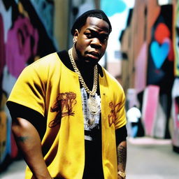 A young Busta Rhymes, wearing stylish hip-hop clothing from the 90s, with a confident and energetic expression