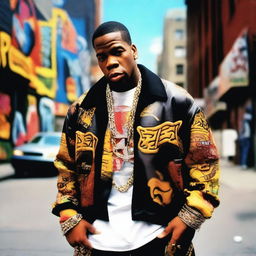 A young Busta Rhymes, wearing stylish hip-hop clothing from the 90s, with a confident and energetic expression