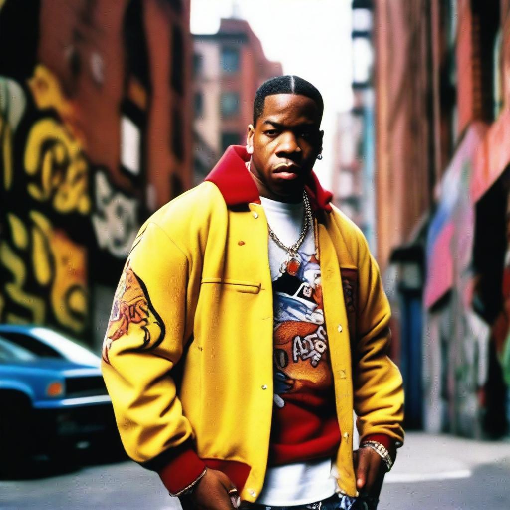 A young Busta Rhymes, wearing stylish hip-hop clothing from the 90s, with a confident and energetic expression