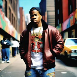 A young Busta Rhymes, wearing stylish hip-hop clothing from the 90s, with a confident and energetic expression