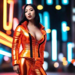 A fashionable Asian woman wearing a tight, shiny orange puffer corset, posing confidently in a modern urban environment with vibrant neon lights