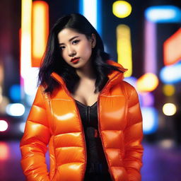 A fashionable Asian woman wearing a tight, shiny orange puffer corset, posing confidently in a modern urban environment with vibrant neon lights