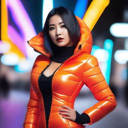 A fashionable Asian woman wearing a tight, shiny orange puffer corset, posing confidently in a modern urban environment with vibrant neon lights