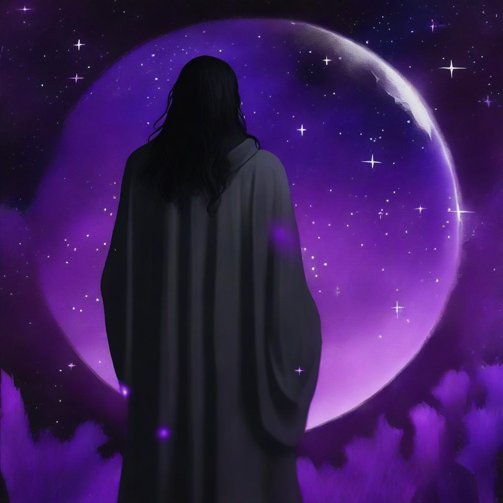 A young grey-skinned man wearing a black Greek robe with long black hair stands with his back to the camera, watching over his left shoulder at the viewer with bright star-like purple irises