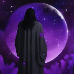 A young grey-skinned man wearing a black Greek robe with long black hair stands with his back to the camera, watching over his left shoulder at the viewer with bright star-like purple irises