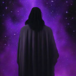 A young grey-skinned man wearing a black Greek robe with long black hair stands with his back to the camera, watching over his left shoulder at the viewer with bright star-like purple irises