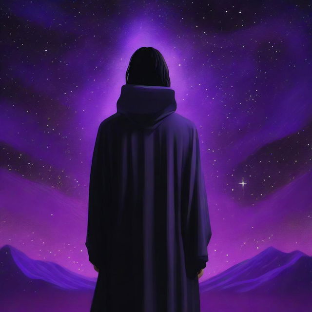 A young grey-skinned man wearing a black Greek robe with long black hair stands with his back to the camera, watching over his left shoulder at the viewer with bright star-like purple irises