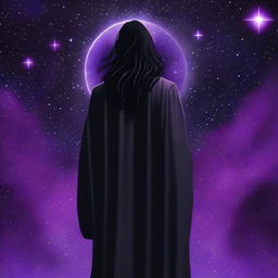 A young grey-skinned man wearing a black Greek robe with long black hair stands with his back to the camera, watching over his left shoulder at the viewer with bright star-like purple irises