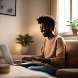 A serene and uplifting scene featuring a person interacting with ChatGPT on a computer, surrounded by a warm and inviting room