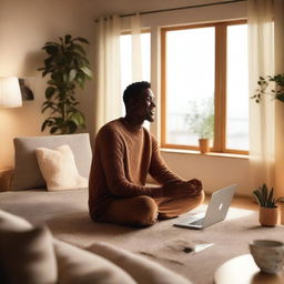 A serene and uplifting scene featuring a person interacting with ChatGPT on a computer, surrounded by a warm and inviting room