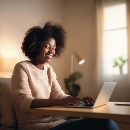 A serene and uplifting scene featuring a person interacting with ChatGPT on a computer, surrounded by a warm and inviting room