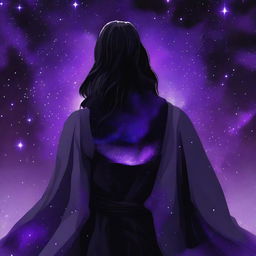 A young grey-skinned man wearing a black Greek robe with long black hair stands with his back to the camera, staring over his left shoulder at the viewer with bright star-like purple irises