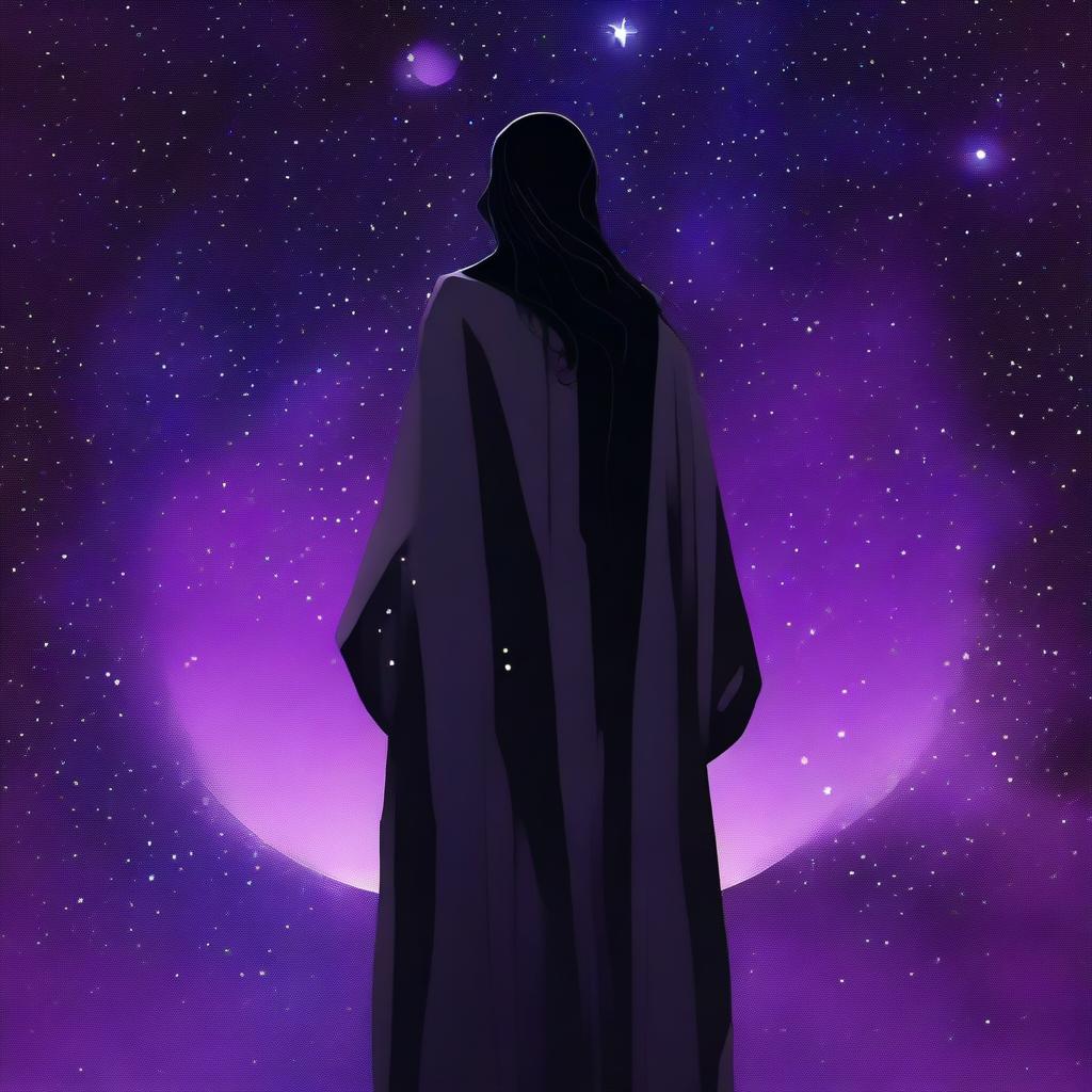 A young grey-skinned man wearing a black Greek robe with long black hair stands with his back to the camera, staring over his left shoulder at the viewer with bright star-like purple irises