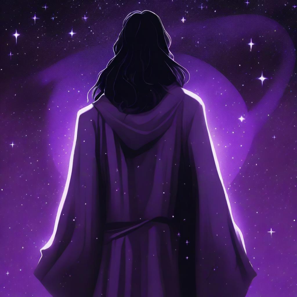 A young grey-skinned man wearing a black Greek robe with long black hair stands with his back to the camera, staring over his left shoulder at the viewer with bright star-like purple irises